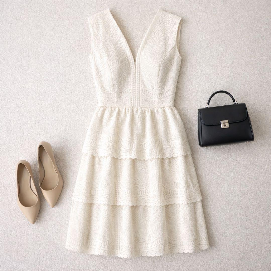 春夏 BCBGMAXAZRIA クリーム ティアードワンピース S