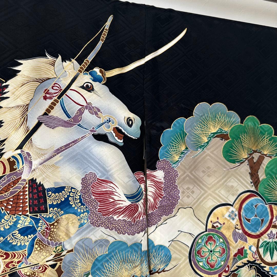 超美品　お宮参り 　正絹　産着　初着　現代　着物　男の子　男子　黒　馬　武士
