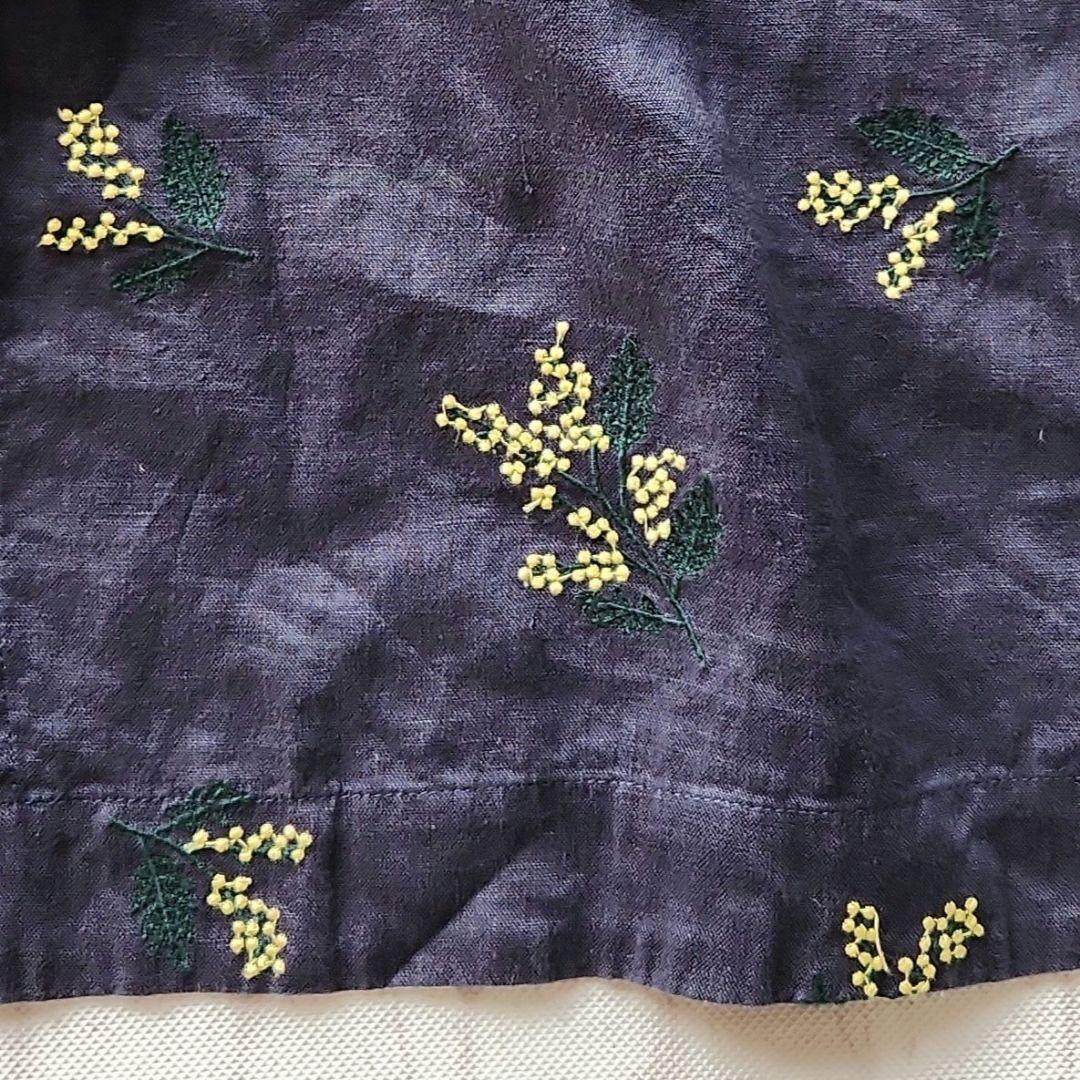 キャトルセゾン　ミモザ刺繍ワンピース　リネン　麻100%　ネイビー　羽織り
