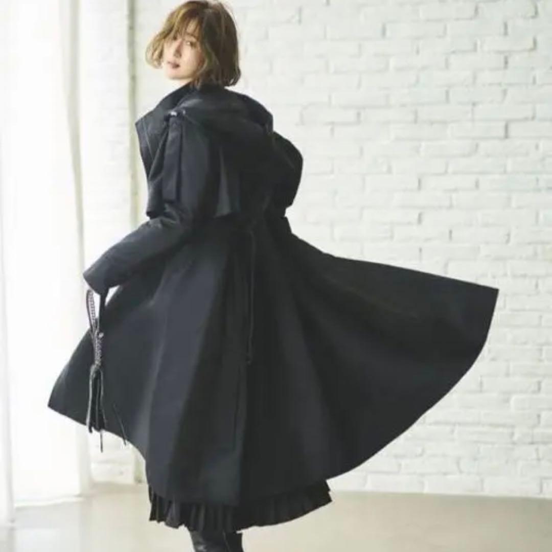 トレンチコート　ロングコート　フード付き　黒