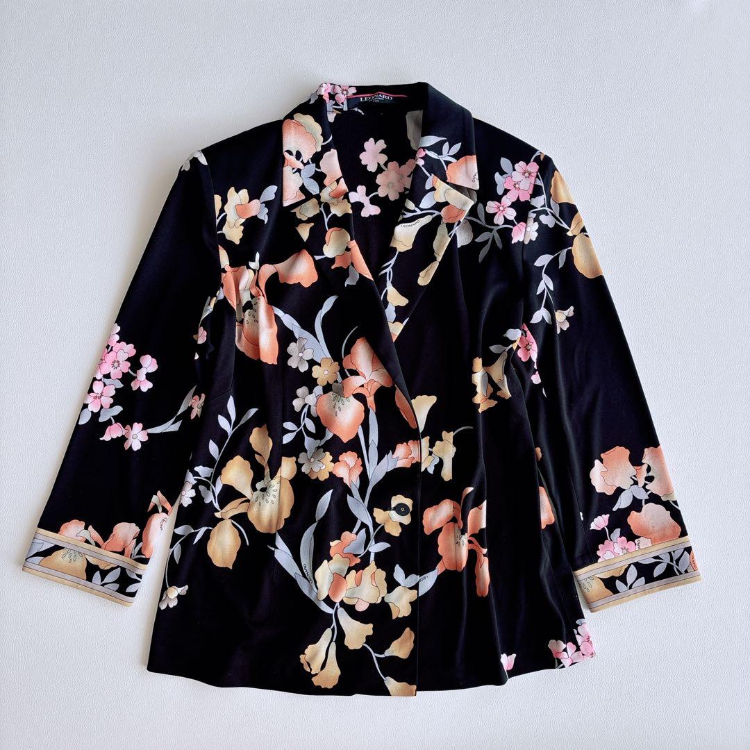 美品✨LEONARD レオナール ジャケット　トリム　花柄　総柄　黒