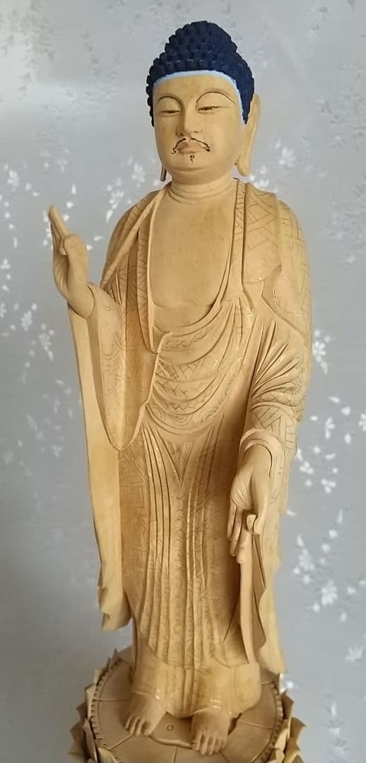 阿弥陀如来立像 6寸 六角台座 光背欠 #537 木彫 仏像