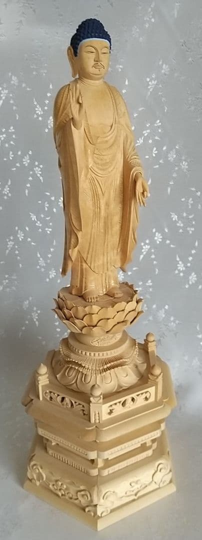 阿弥陀如来立像 6寸 六角台座 光背欠 #537 木彫 仏像