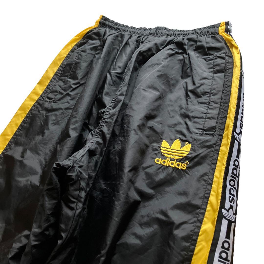極太90s old adidas バギーナイロントラックパンツ ロゴテープ 黒