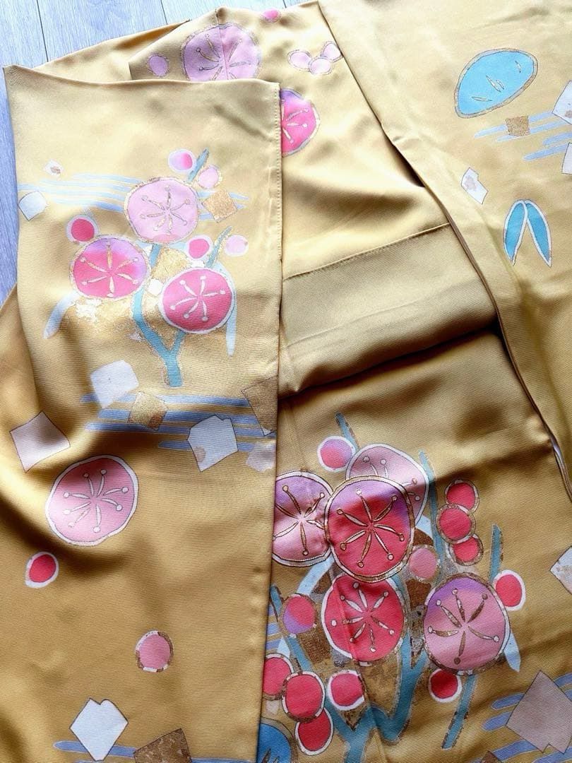 【パールトーン加工済】山吹色 振袖 松竹梅・流水・花丸文様