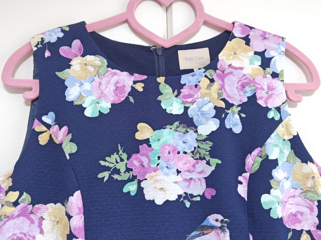 SALE♡ローズティアラ♡ 小鳥フラワー柄ワンピース♡ネイビー♡大きいサイズ♡