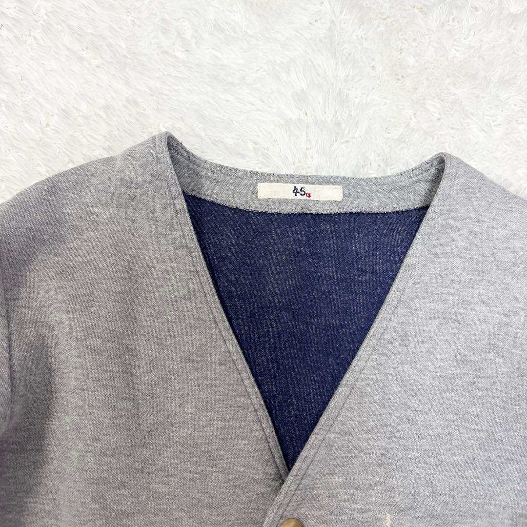 【45R】裏毛コットン カーディガン グレーノーカラー 刺繍　ダブルフェイスM
