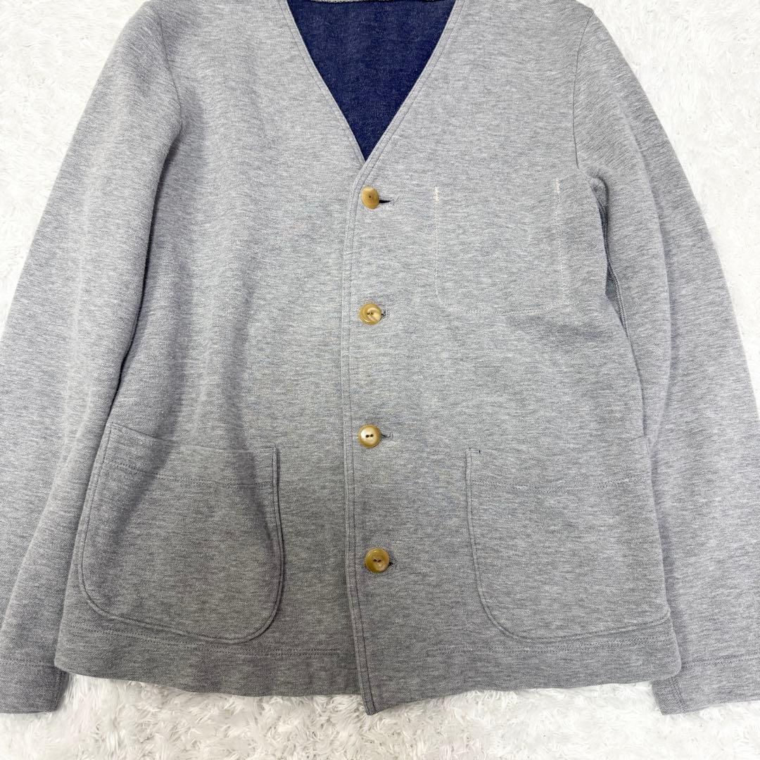 【45R】裏毛コットン カーディガン グレーノーカラー 刺繍　ダブルフェイスM