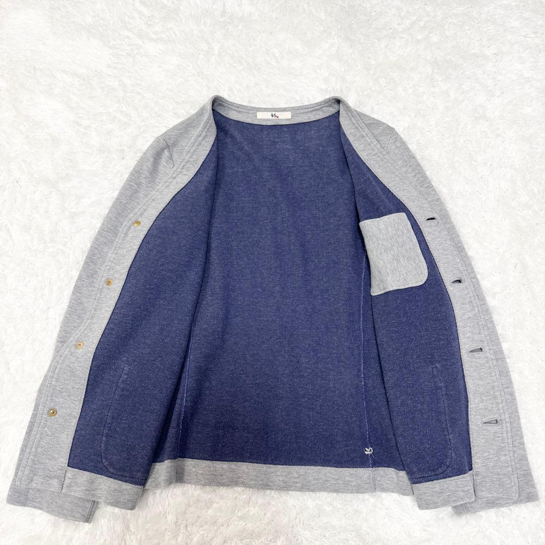 【45R】裏毛コットン カーディガン グレーノーカラー 刺繍　ダブルフェイスM