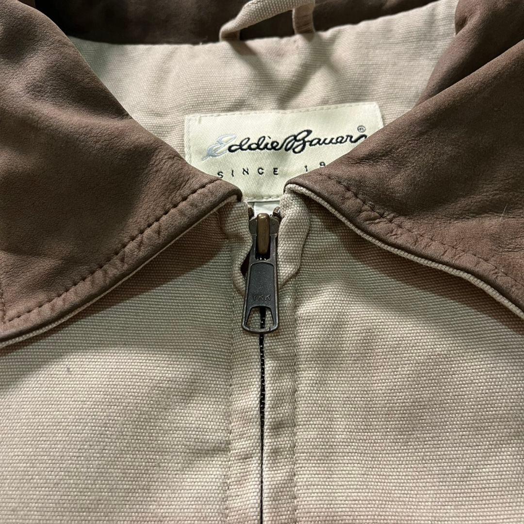 Eddie Bauer ダック地 ハンティングジャケット 襟レザー ベージュ