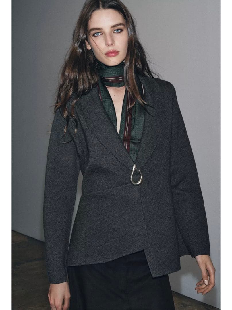 【超美品】ZARA ザラ ブローチ付き ニットブレザー XL グレー