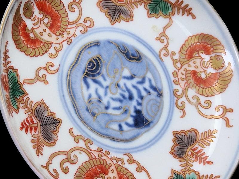 古伊万里　色絵　桐に鳳凰　団龍紋の図　４寸半皿　A809 AS-DAh