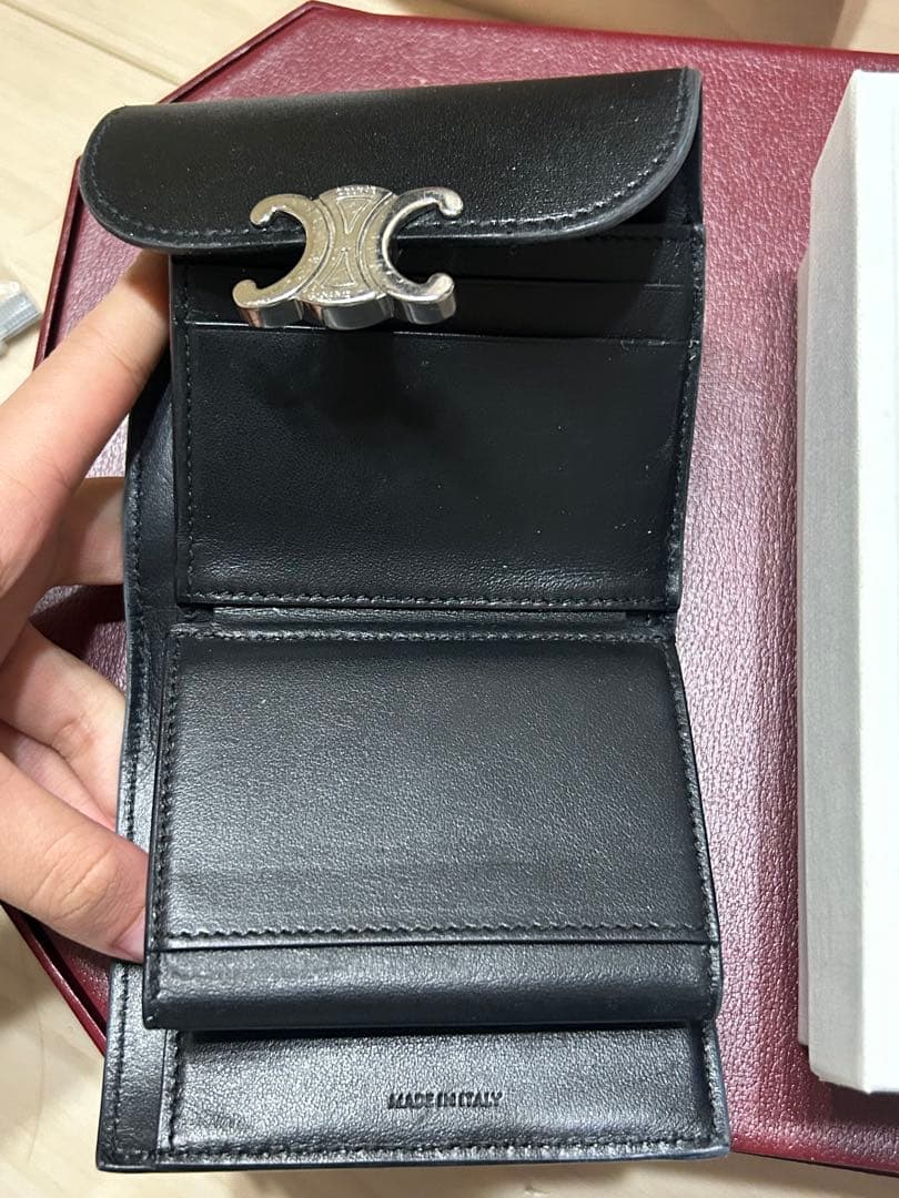 CELINE ブラックレザー 三つ折り財布 シルバー