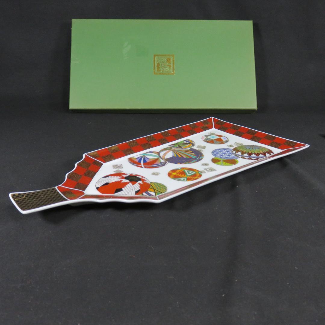 羽子板 大皿 変形皿 色絵 手毬 2枚 箱入り