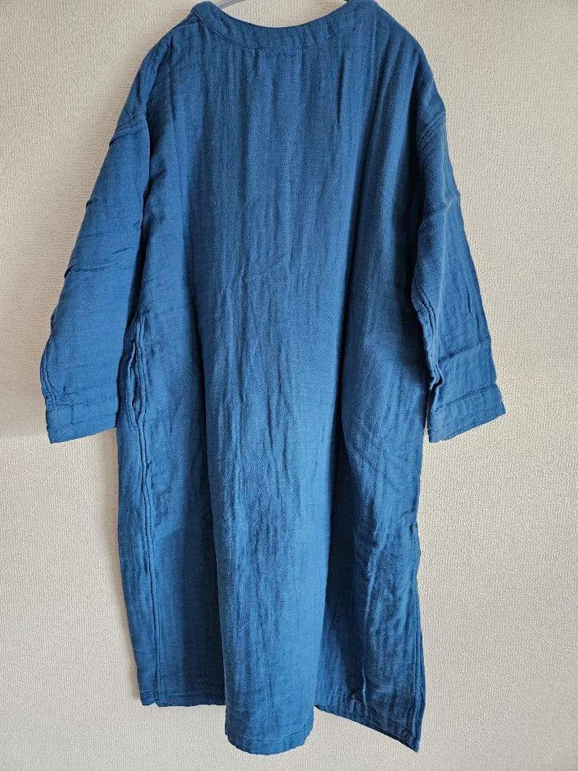 新品タグ付★UCHINO ふわタッチガーゼ 長袖ワンピース ブルー L