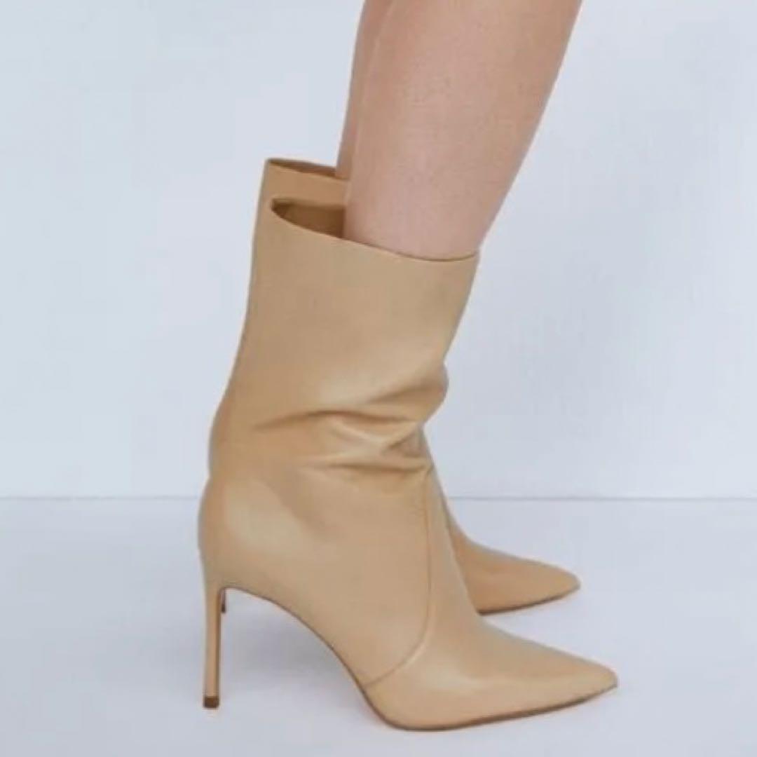 ZARA ザラ 本革 リアルレザー スティレットヒール ブーツ 39 ベージュ