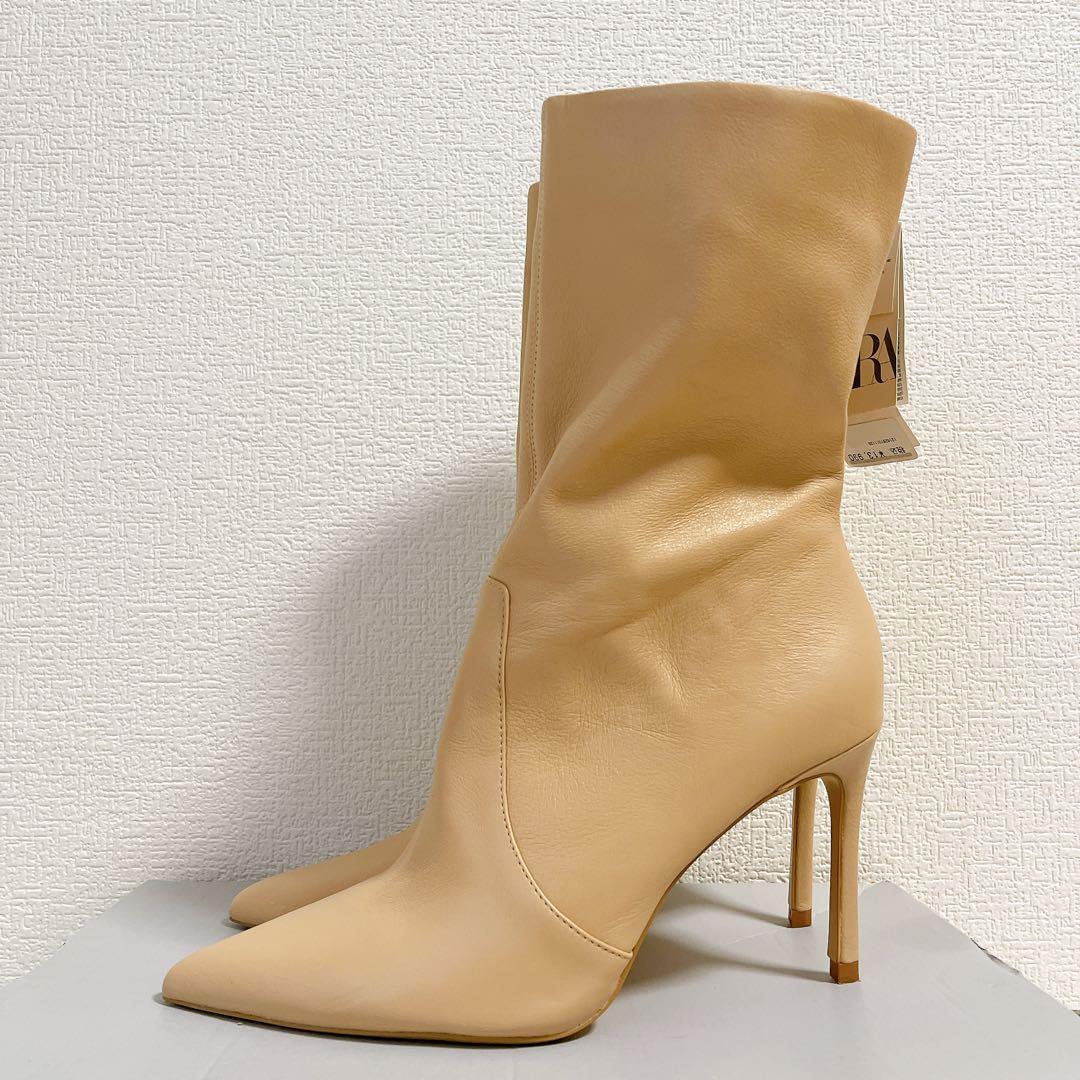 ZARA ザラ 本革 リアルレザー スティレットヒール ブーツ 39 ベージュ