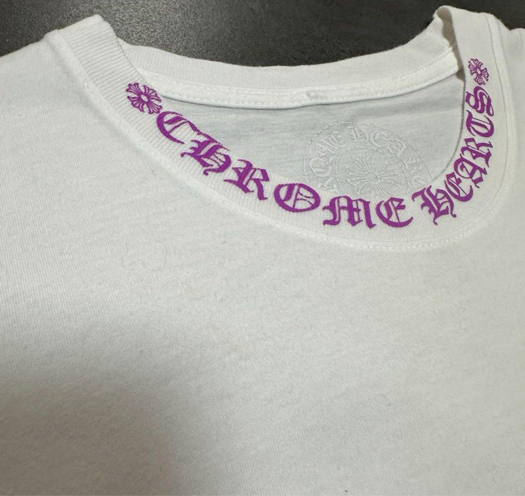 【中古】クロムハーツ ネックロゴプリント Tシャツ S 白 パープルロゴ