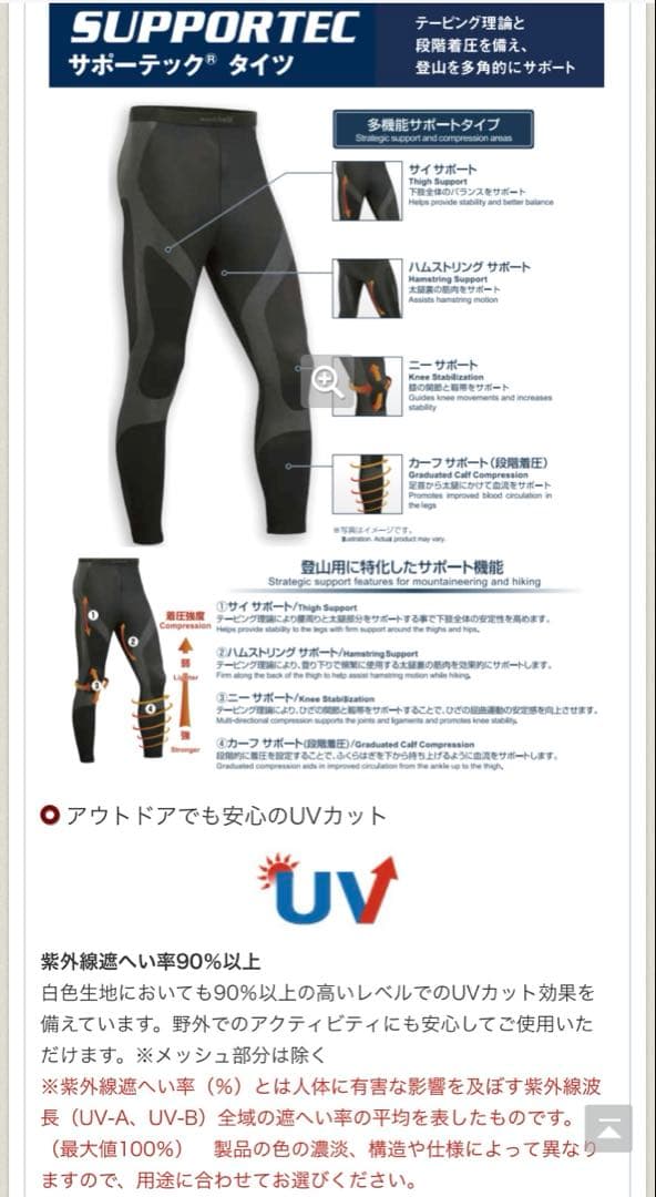 モンベルmont-bellサポーテックタイツ メンズM 新品購入後.洗濯試着のみ