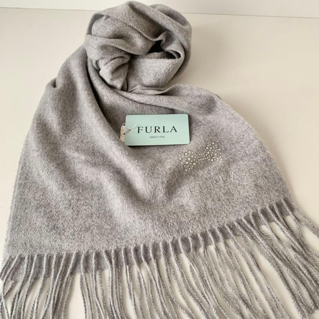 【FURLA】フルラ　マフラー　ショール　グレー　ラインストーン　リボン　新品
