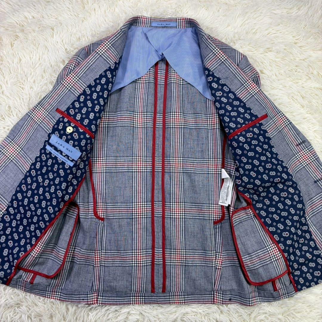 【大きいサイズ】リネン混 ZARA ザラ チェック柄 テーラードジャケット 派手