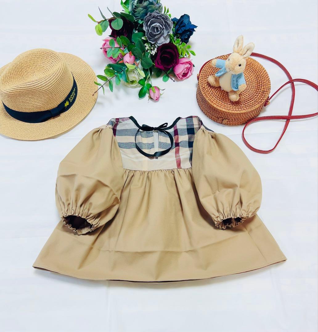 handmade母娘リンクコーデ♡ベージュ系大格子xベージュ無地♡親子お揃い
