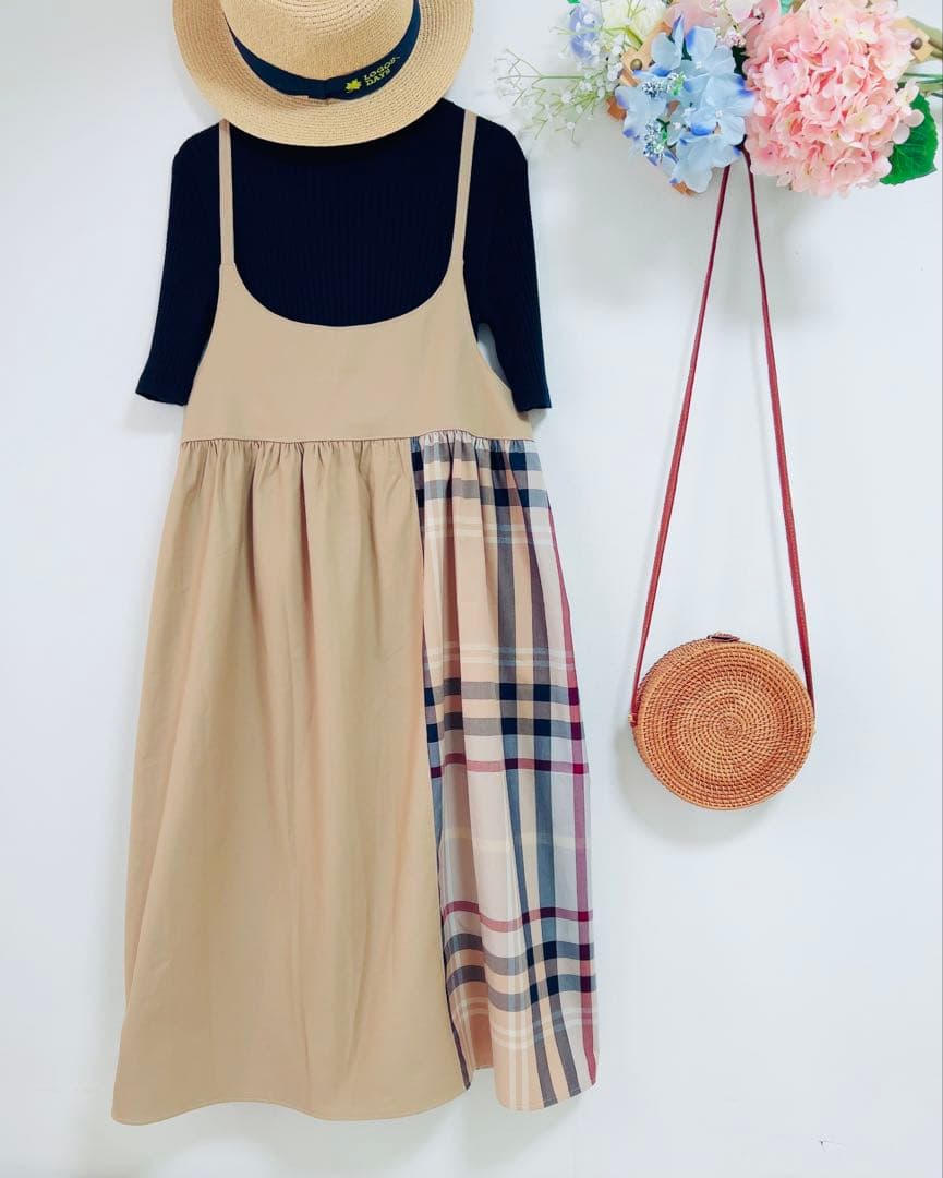 handmade母娘リンクコーデ♡ベージュ系大格子xベージュ無地♡親子お揃い