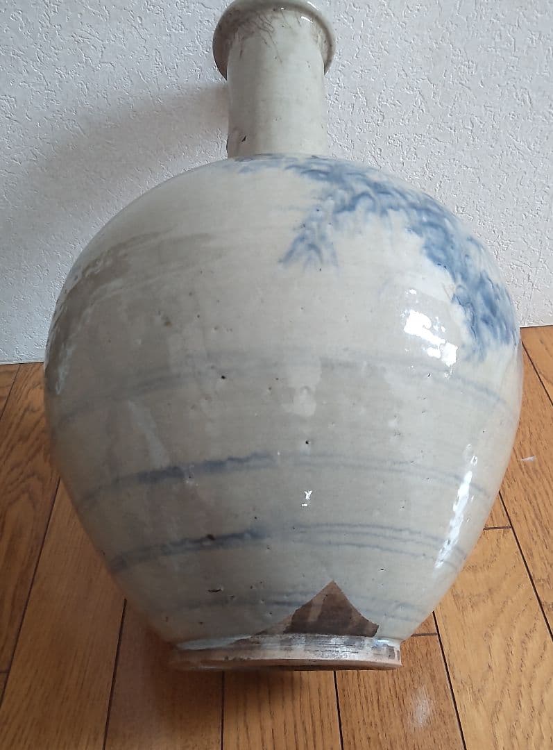 古い平清水焼　染付　大徳利　木製蓋付き