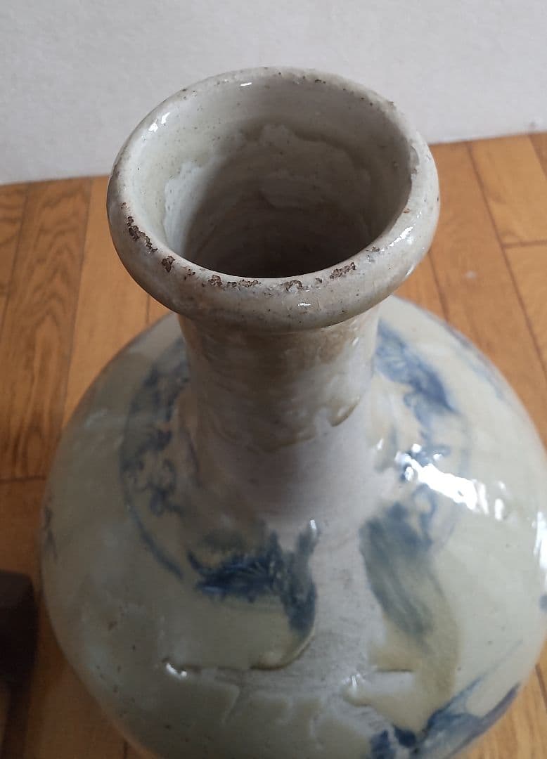 古い平清水焼　染付　大徳利　木製蓋付き