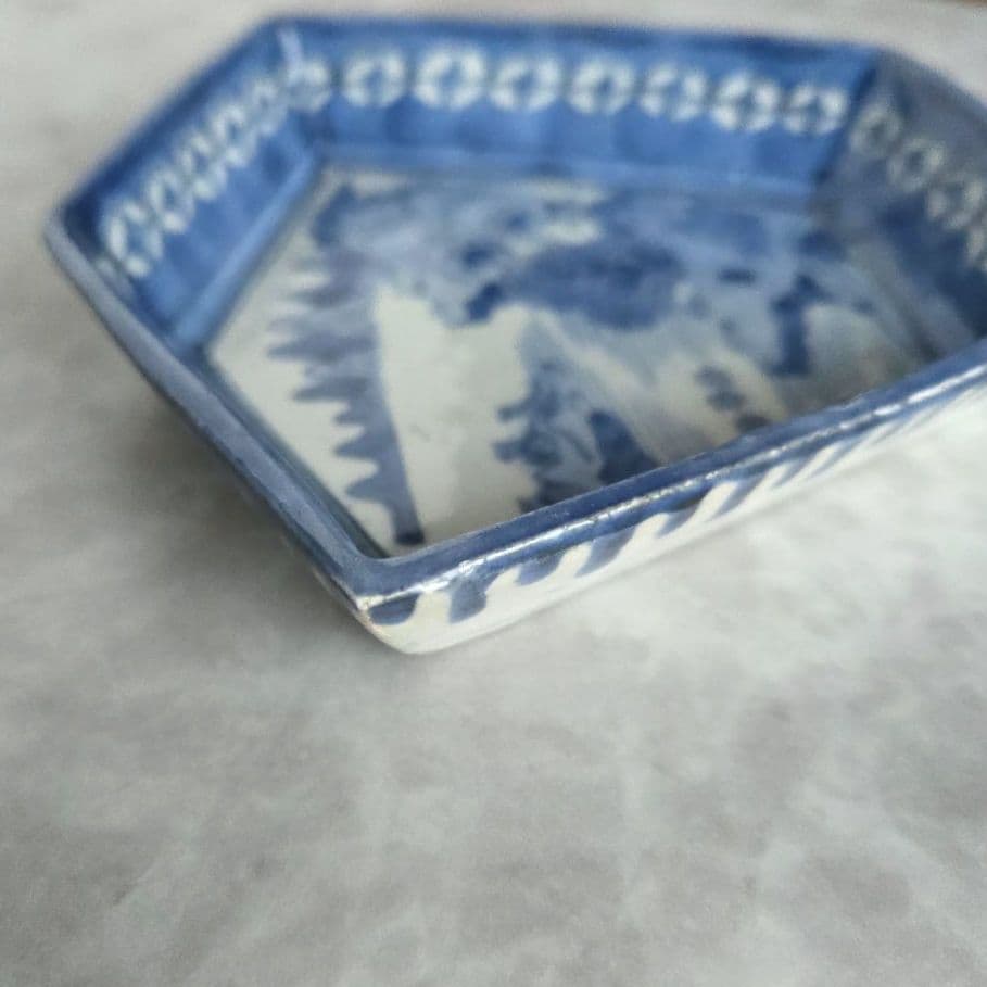 古伊万里　染付　五角小皿　変形皿　江戸時代　七宝文　骨董　金継ぎ　アンティーク