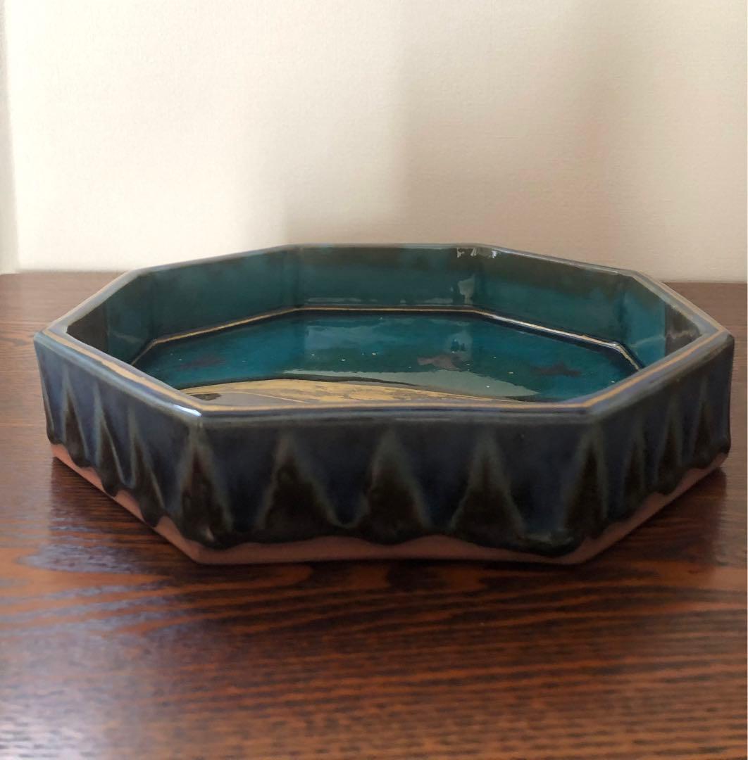 九谷焼　彩流　苧野憲夫作 八角皿・半月皿 青緑釉 金継ぎ風5点