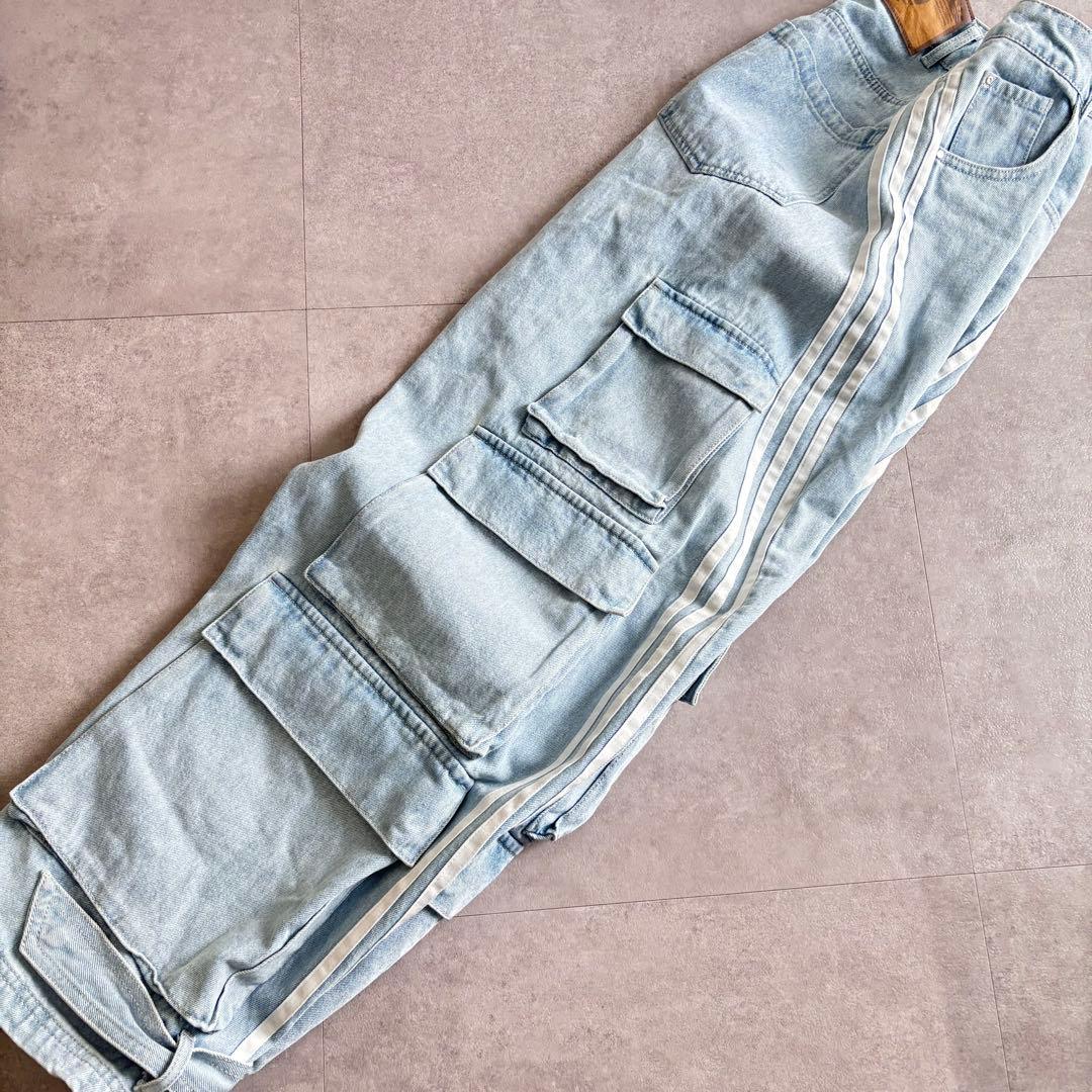 adidas Adilenium デニムカーゴパンツ　クリアブルー 紐なし　25