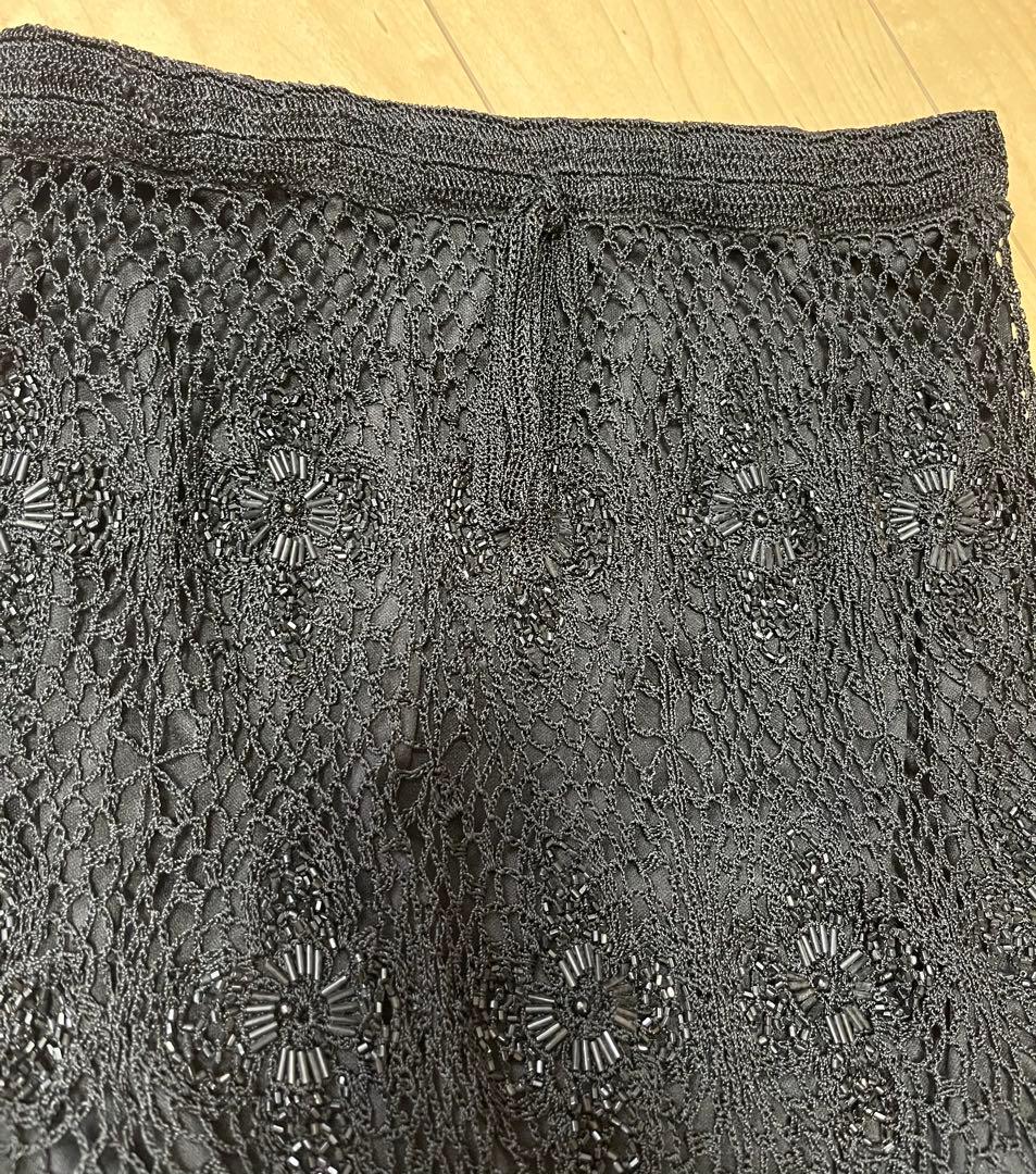 【未使用】モルガン 贅沢ビーズ刺繍 クロシェ編みスカート ブラックフォーマル