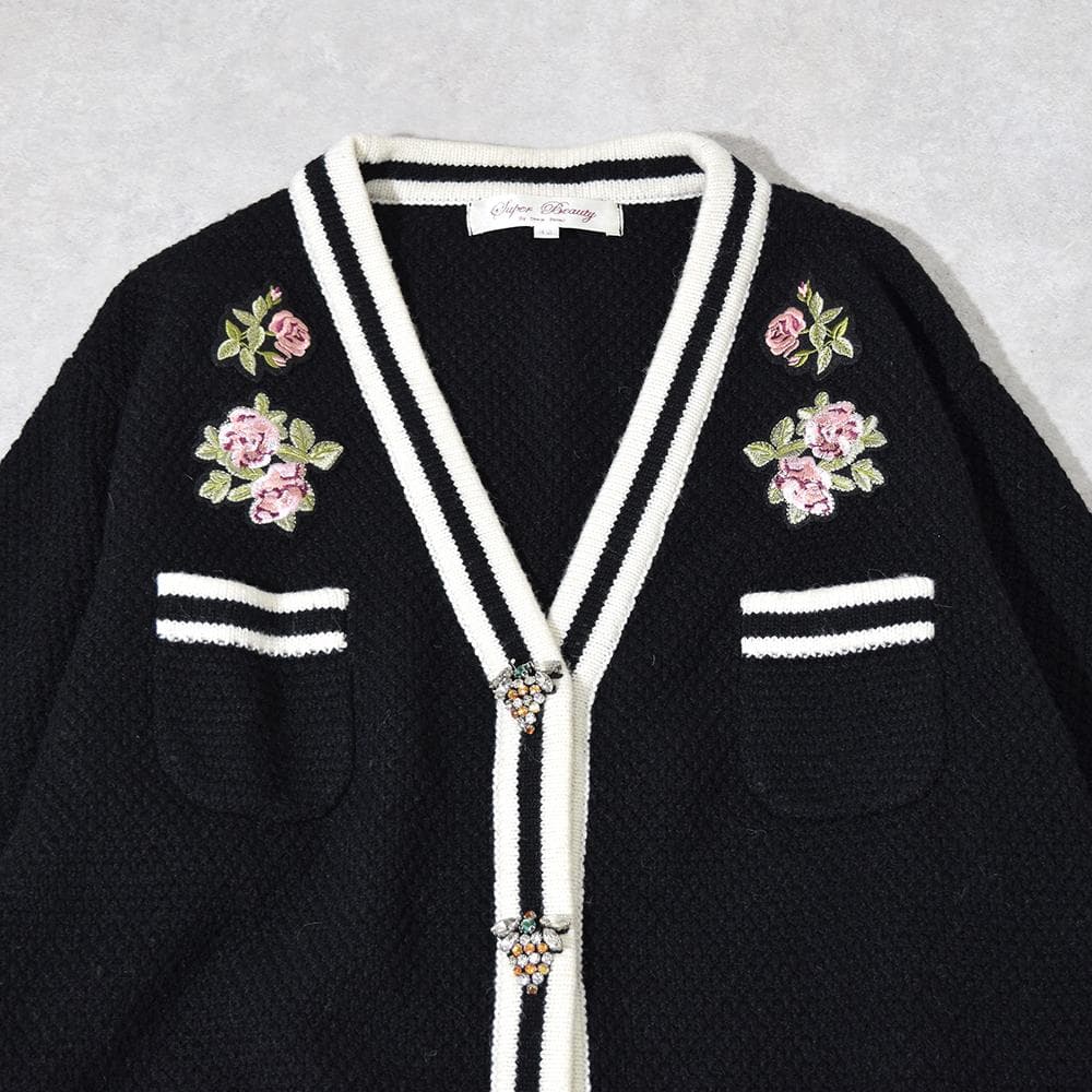 Super Beauty 花 刺繍 ミツバチ ビジュー装飾 ロングカーディガン