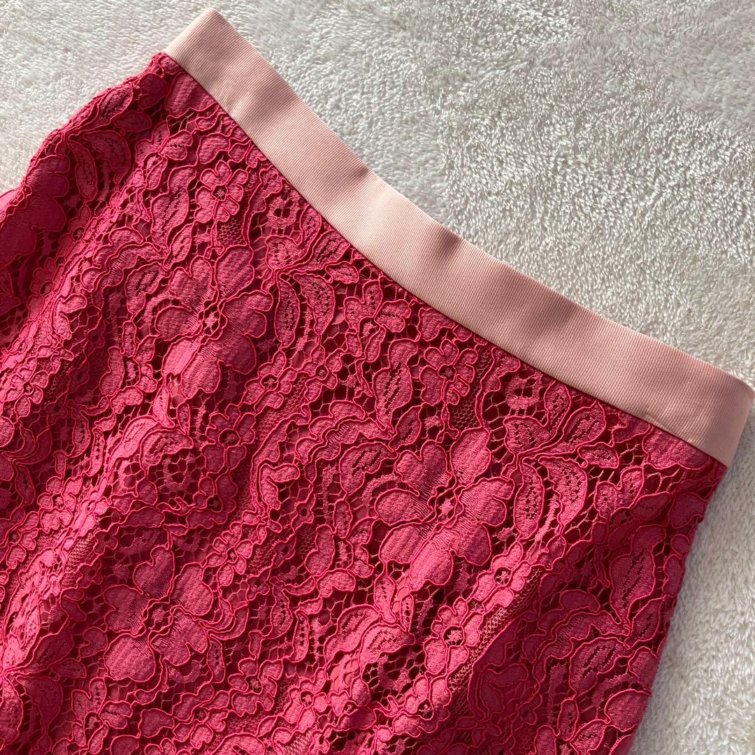 OBLI コード刺繍総レース　フレアロングスカートM ピンク　レッド　フラワー