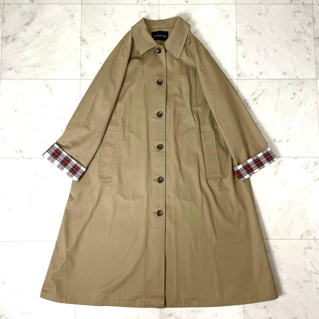 専用【美品】ミズイロインド ステンカラーコート チェック Aライン F ベージュ