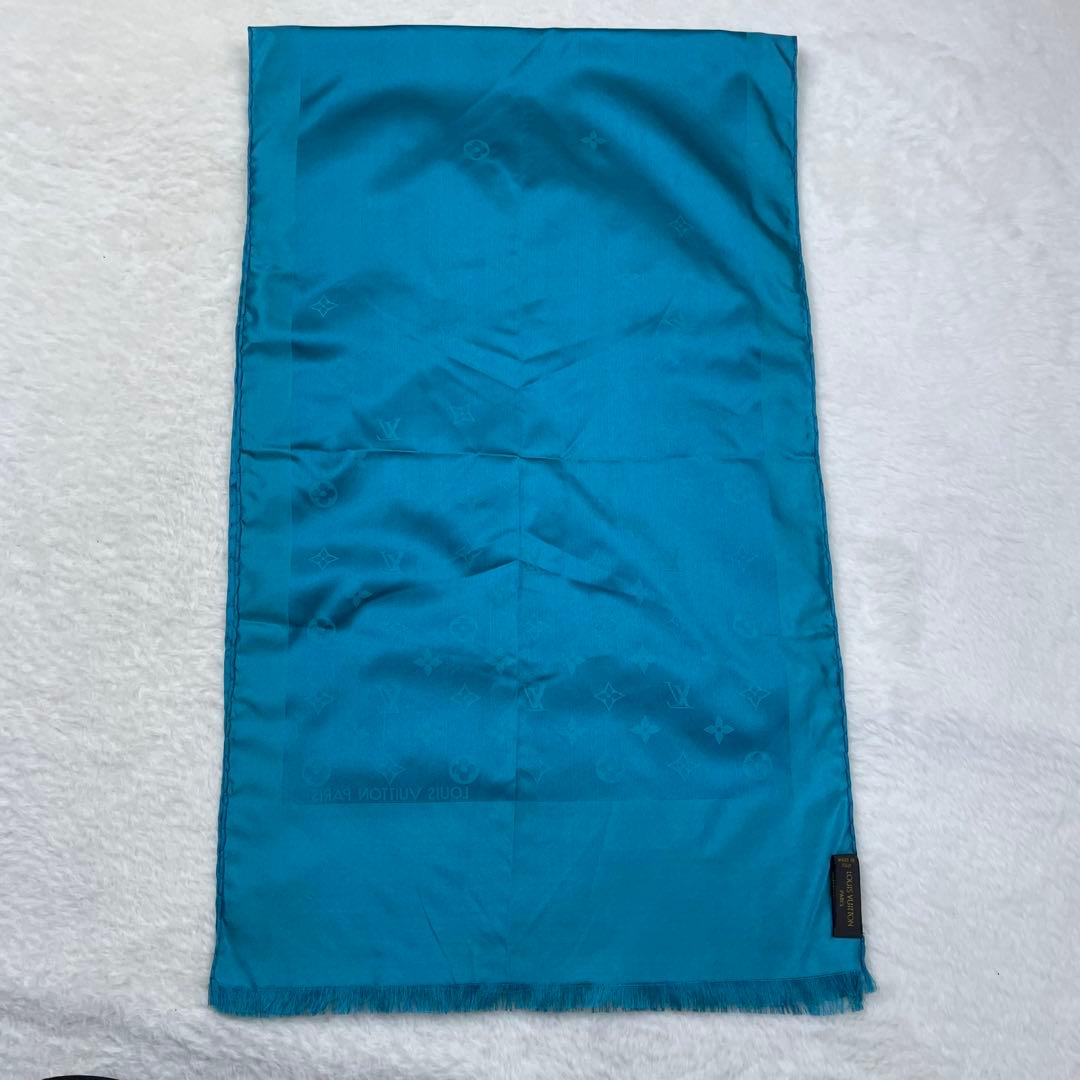 美品　Louis Vuitton スカーフ　ターコイズ シルク ストール ロゴ入