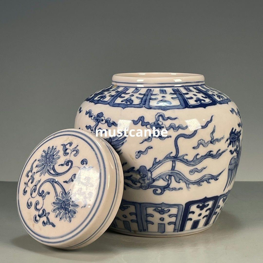 青花鳳紋蓋缶 景徳鎮 陶磁器 装飾品 現代工芸品 美術品 置物