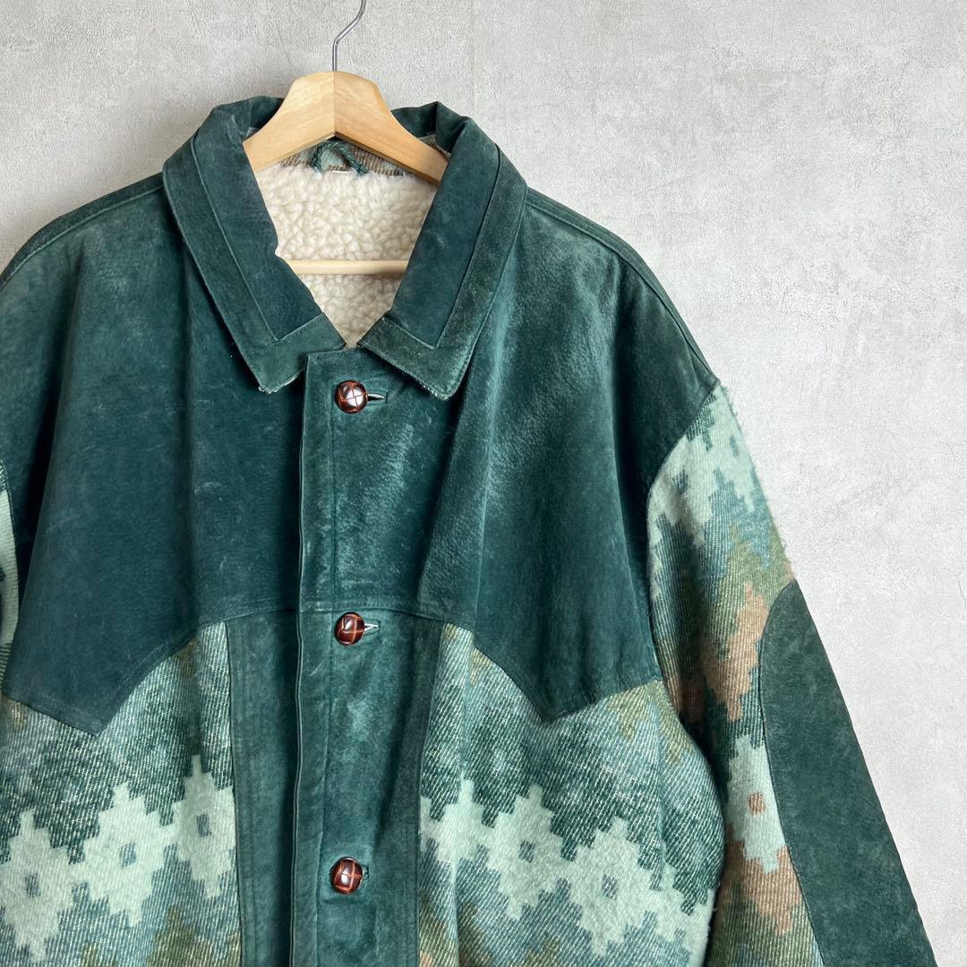 ユーロ古着 レザー ニットジャケット 裏ボア ネイティブ柄 vintage