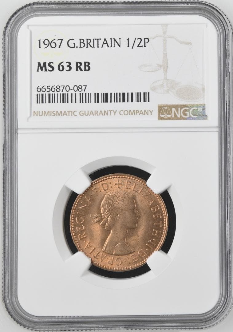 NGC-MS63RB イギリス　 エリザベス2世　1967 1/2ペニー　銅貨