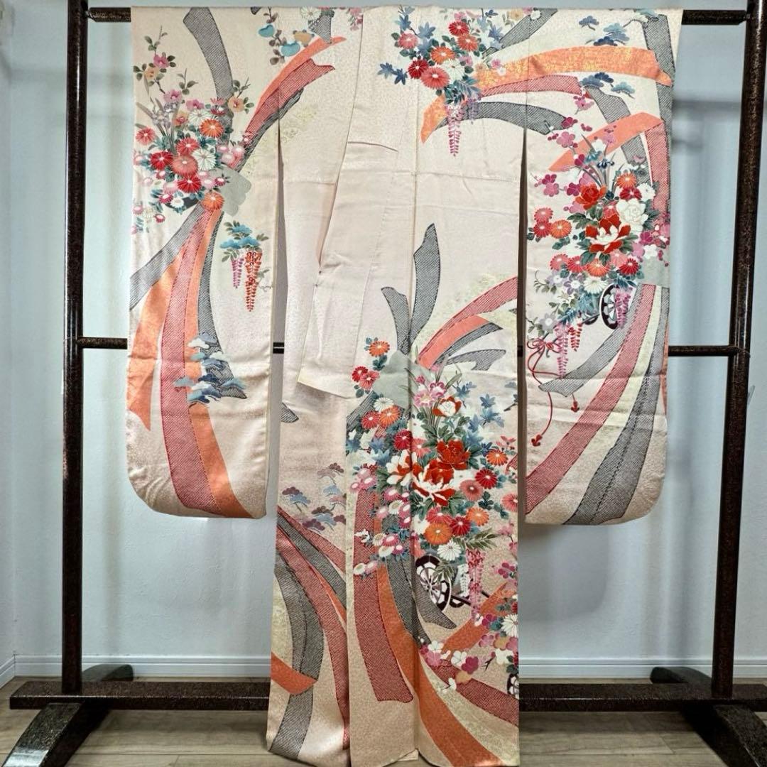 美品　振袖　現代　振袖　成人式　着物　166裄65 赤　オレンジ　絞り柄　花牛車