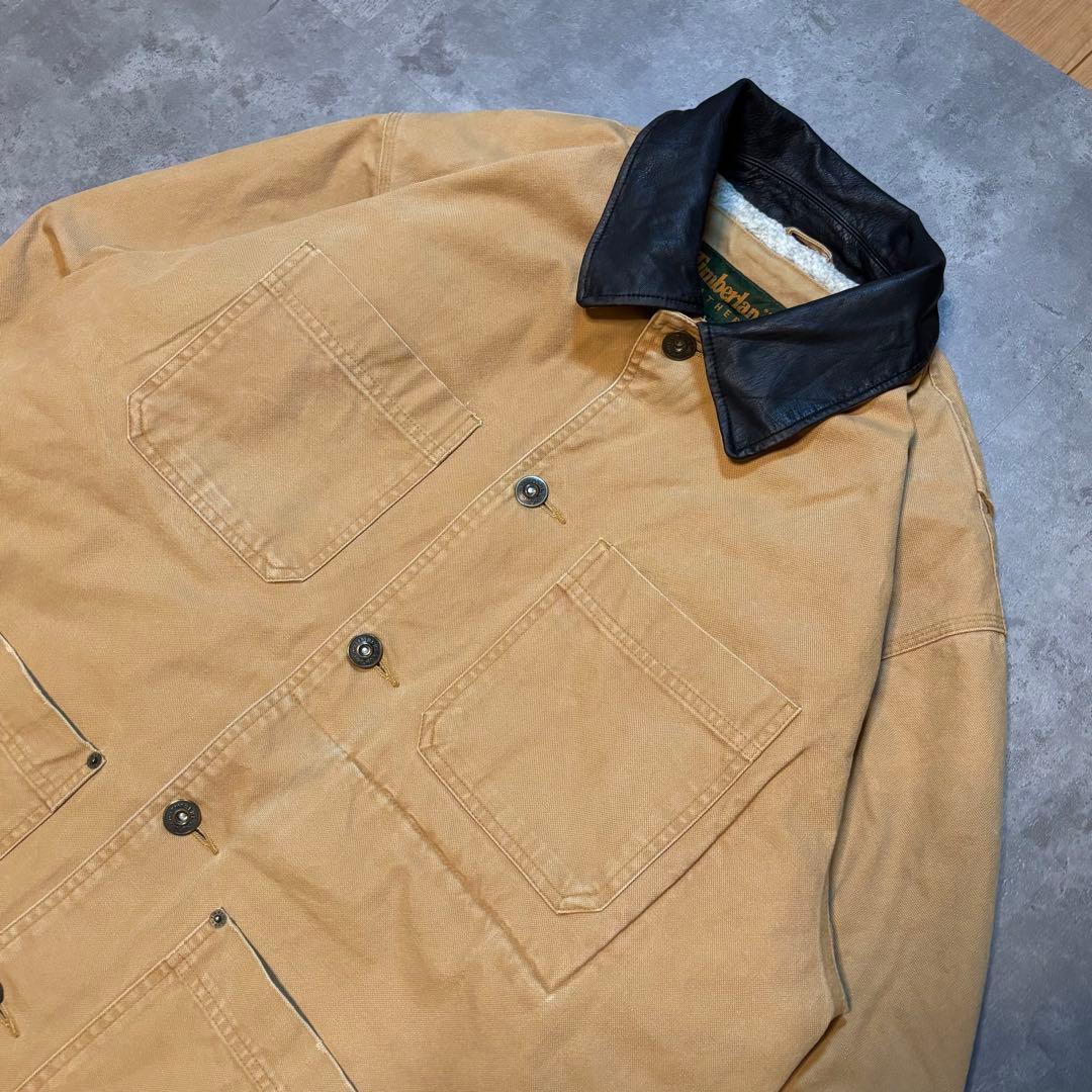 【極暖】90s オールド Timberland ワークジャケット レザー襟 ボア