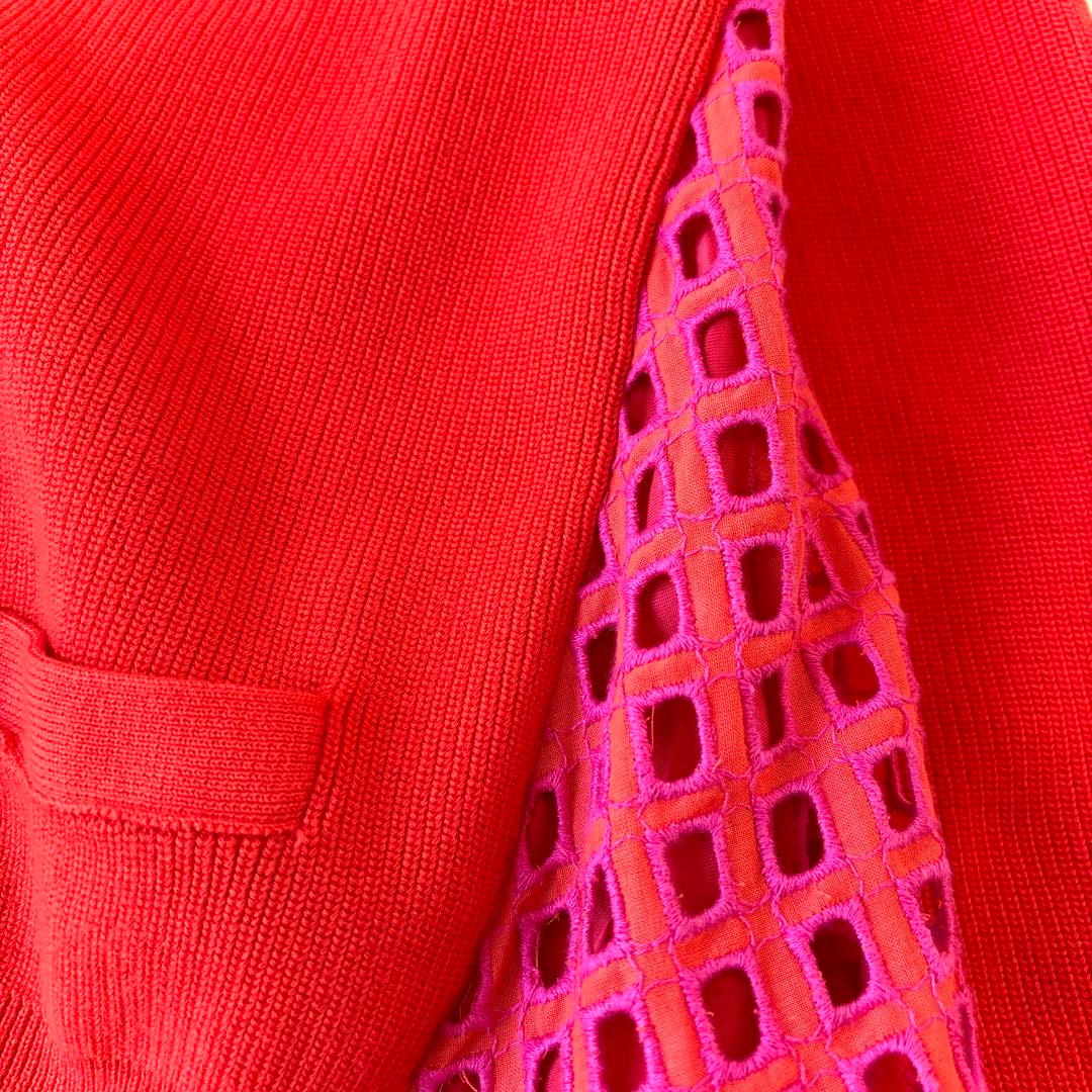 美品 サカイ sacai レースドッキング コットン カーディガン 赤ピンク