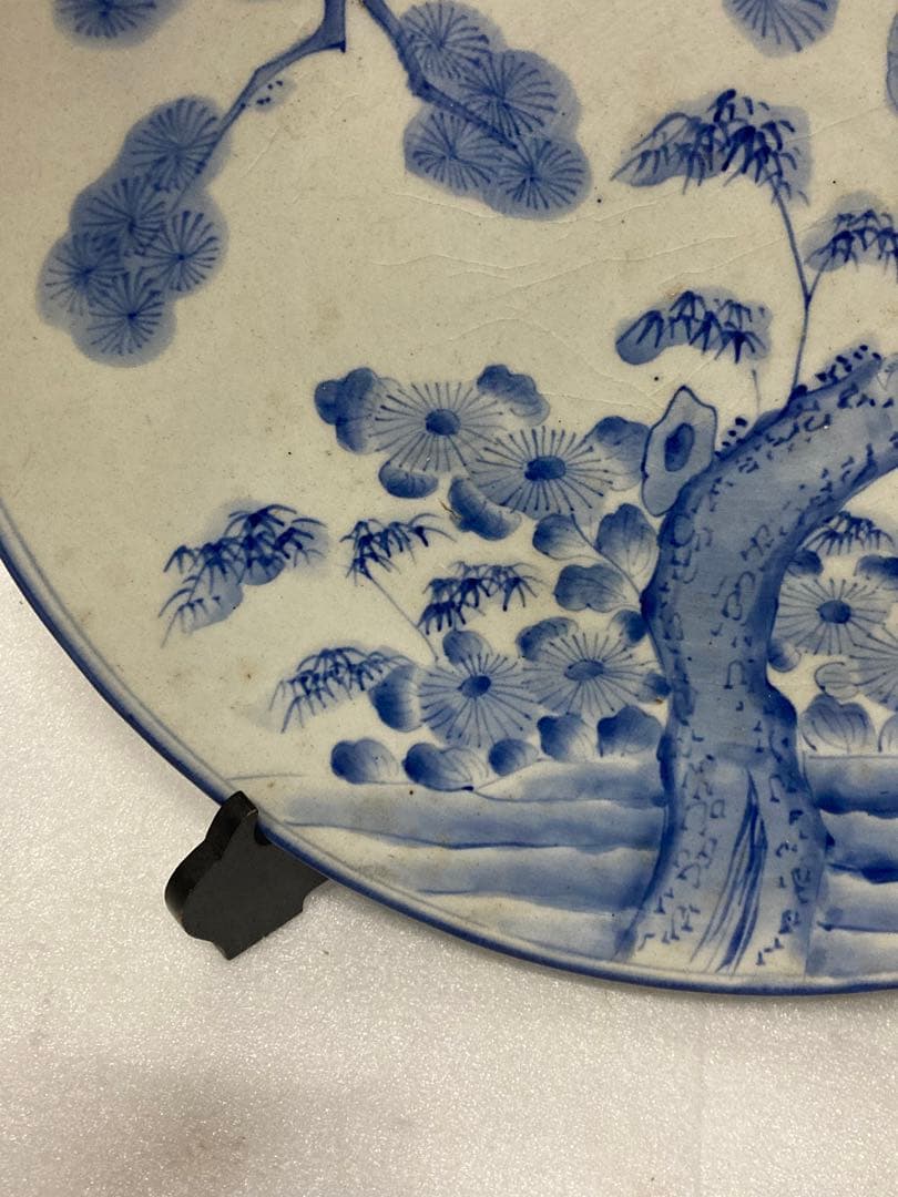 旧家蔵出し 江戸時代 美術品  古伊万里 白磁藍染付 松に鷹に図  飾り大皿