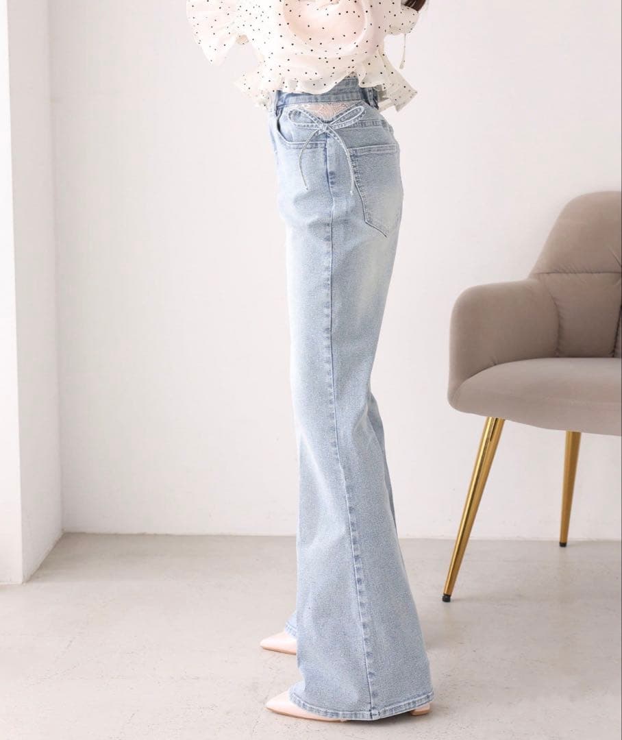 NICE CLAUP ナイスクラップ　サイドカットレース美脚ビジューデニム