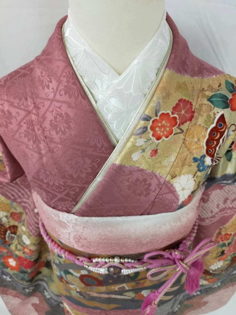 【極上古典】美品 正絹 桶絞り 友禅振袖 7点フルセット 金彩 蝶文様 成人式