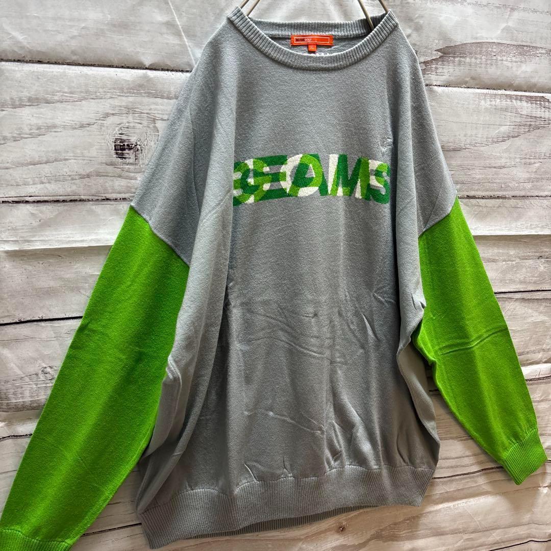 BEAMS GOLF ロゴセーター 刺繍 バイカラー グレー 黄緑 XL