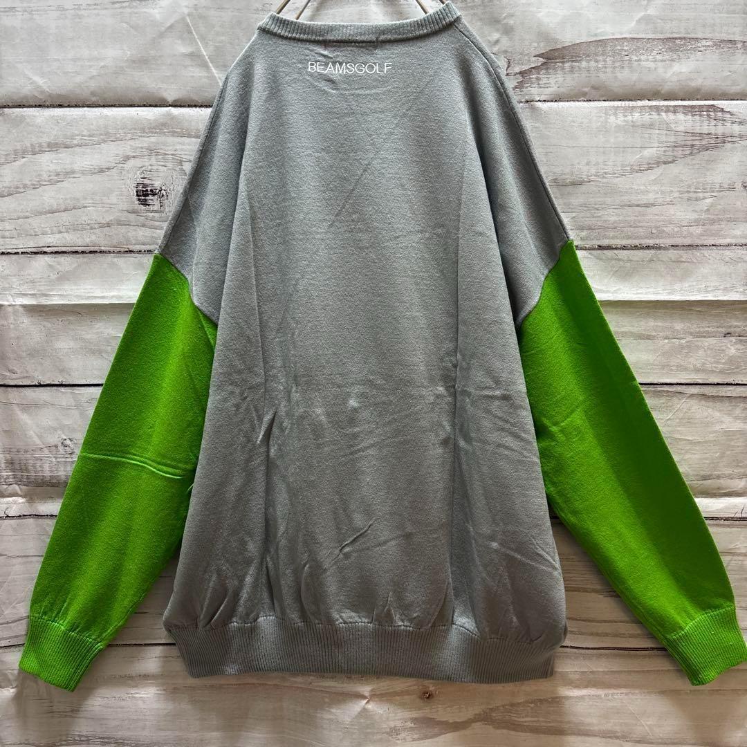 BEAMS GOLF ロゴセーター 刺繍 バイカラー グレー 黄緑 XL