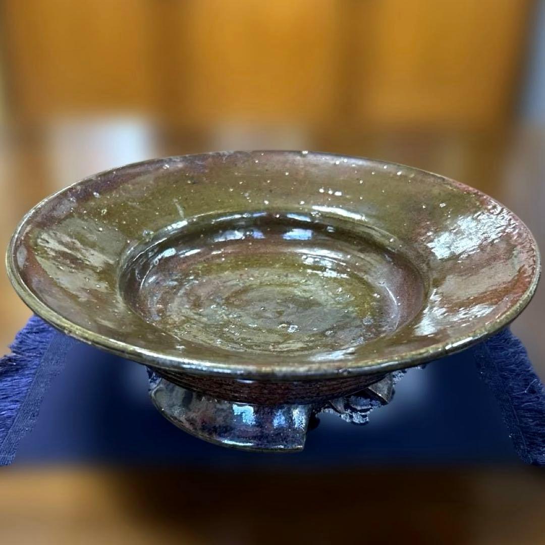 424 【未使用美品】丹波立杭焼 飾皿 花器 割高台 景色良し 茶道具 華道具