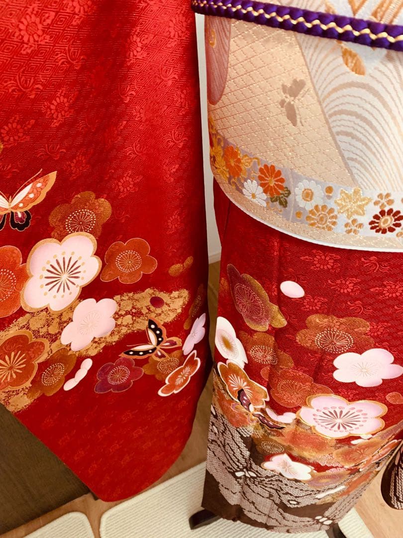 振袖単品　袷 梅 蝶 金糸 絞り 赤 正絹 秀品